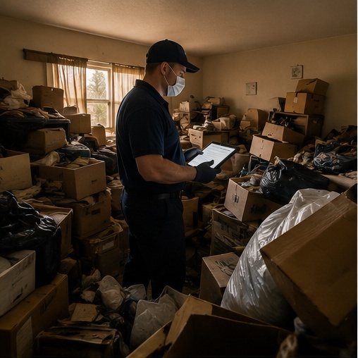 Biohazard cleanup technician assessing contaminated Louisville property