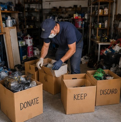 Louisville hoarding cleanup technician sorting belongings into donate, keep, and discard boxes