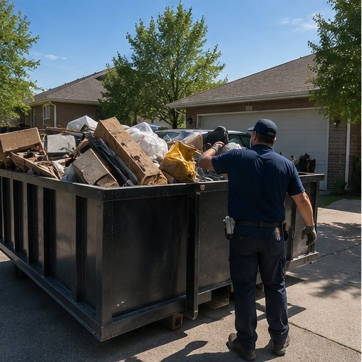 Louisville junk removal crew loading dumpster at residential home